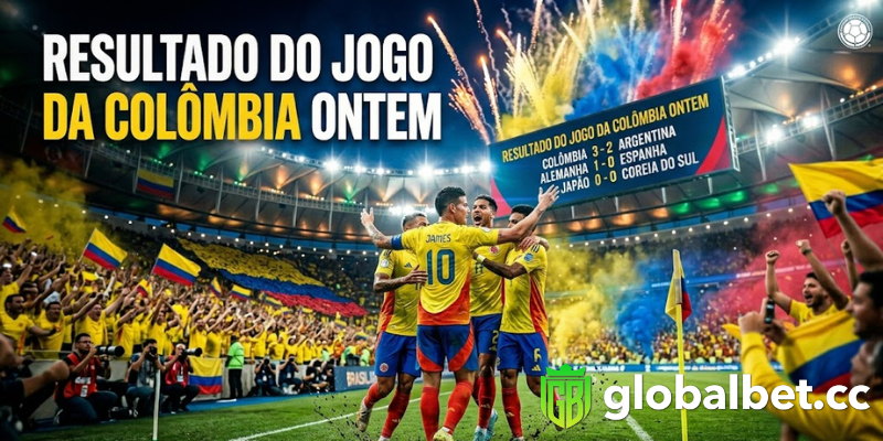 Banner esportivo ultra realista, seleção da Colômbia comemorando uma vitória em estádio lotado, jogadores colombianos vibrando após marcar um gol decisivo, torcida amarela explodindo de alegria nas arquibancadas, iluminação noturna intensa, gramado impecável, placar eletrônico moderno exibindo resultado da partida, atmosfera emocionante de futebol internacional, fumaça colorida amarela, azul e vermelha, fotógrafo capturando o momento histórico, estilo publicidade premium para portal esportivo, composição dinâmica, energia e emoção, qualidade fotográfica 8K, cinematic lighting, ultra detailed, realistic sports photography, depth of field, sharp focus, professional marketing banner, espaço para headline "Resultado do Jogo da Colômbia Ontem", high CTR design, modern sportsbook promotional artwork.